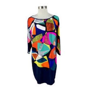 Trina Turk Dress Purple Orange Black Mod Geometric Silk Shift Dress Size 6